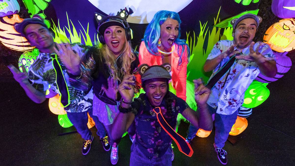 Group of people dressed in halloween costumes at Halgloween in San Diego, California, USA